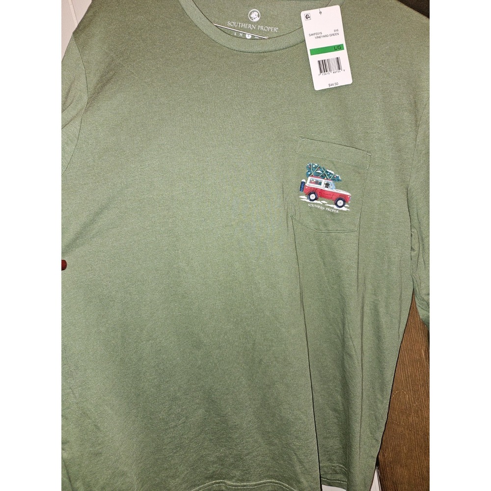 Southern Proper Mens Olive Green Long Sleeve Christmas Tee, dog/bronco